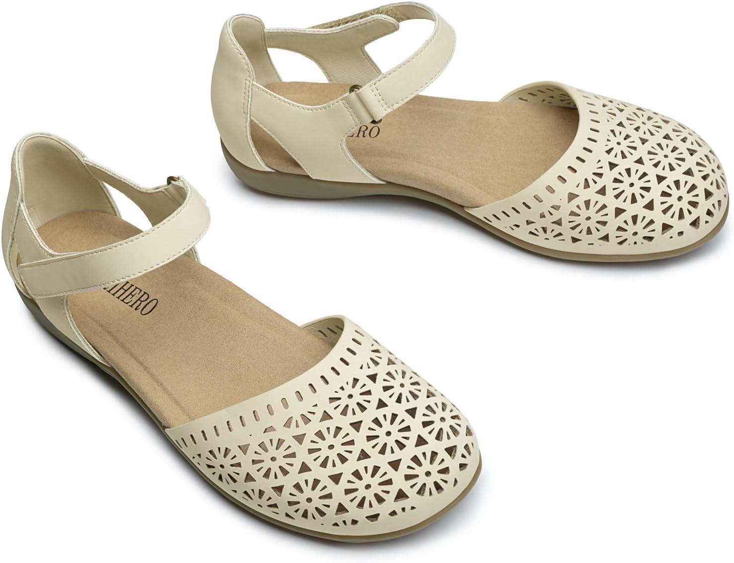 image:imageRihero Summer Casual Closed Toe Sandals Women Comfortable Footbed Arch Support Flat Sandals with Adjustable StrapCream Hollow
