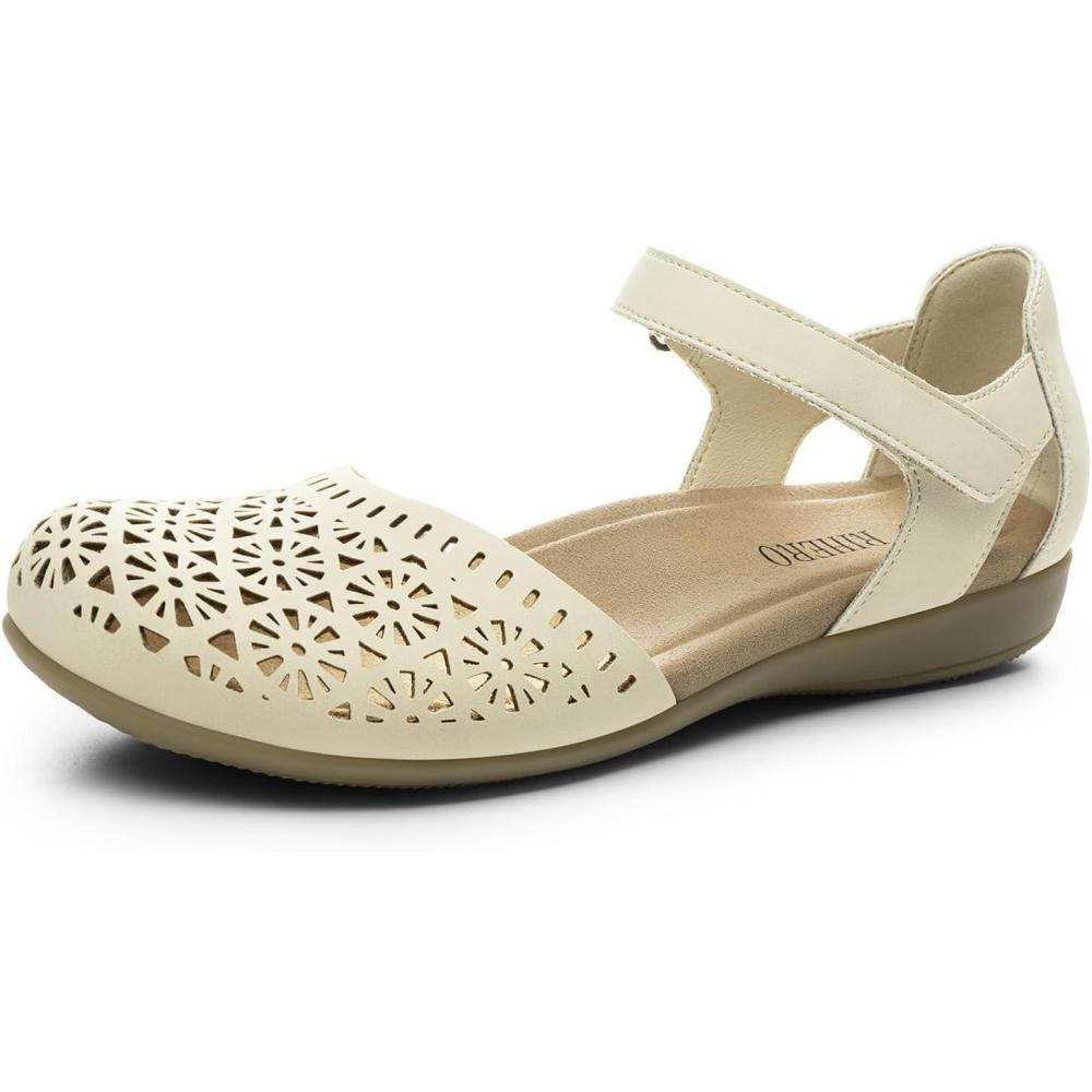 image:imageRihero Summer Casual Closed Toe Sandals Women Comfortable Footbed Arch Support Flat Sandals with Adjustable StrapCream Hollow