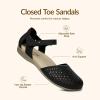 Rihero Summer Casual Closed Toe Sandals Women Comfortable Footbed Arch Support Flat Sandals with Adjustable Strap(Black Hollow)