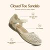 Rihero Summer Casual Closed Toe Sandals Women Comfortable Footbed Arch Support Flat Sandals with Adjustable Strap(Cream Hollow)