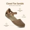 Rihero Summer Casual Closed Toe Sandals Women Comfortable Footbed Arch Support Flat Sandals with Adjustable Strap(Tan Hollow)
