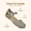 Rihero Summer Casual Closed Toe Sandals Women Comfortable Footbed Arch Support Flat Sandals with Adjustable Strap(Taupe)