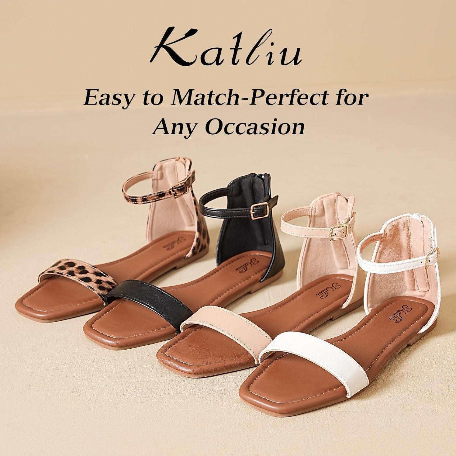image:imagekatliu Womens Ankle Strap Flat Sandals One Band Dressy Sandals Square Open Toe Sandals for Summer with Back ZipperBlack