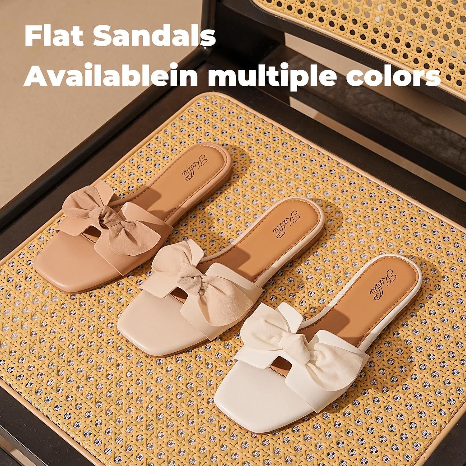 image:imagekatliu Womens Bow Flat Sandals Square Open Toe Dressy Slide Sandals Slip On Summer Sandals for Wedding PartyBeige