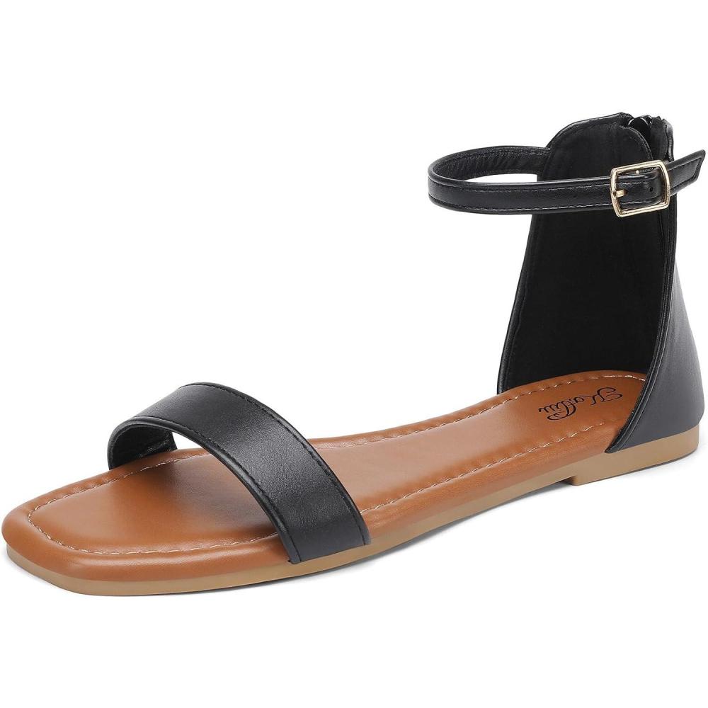 image:imagekatliu Womens Ankle Strap Flat Sandals One Band Dressy Sandals Square Open Toe Sandals for Summer with Back ZipperBlack