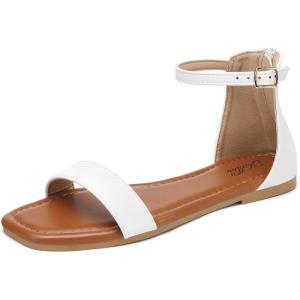 katliu Women’s Ankle Strap Flat Sandals One Band Dressy Sandals Square Open Toe Sandals for Summer with Back Zipper(White)