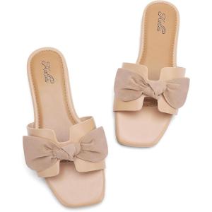 katliu Women’s Bow Flat Sandals Square Open Toe Dressy Slide Sandals Slip On Summer Sandals for Wedding Party(Apricot)
