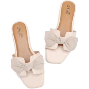 katliu Women’s Bow Flat Sandals Square Open Toe Dressy Slide Sandals Slip On Summer Sandals for Wedding Party(Beige)