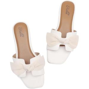 katliu Women’s Bow Flat Sandals Square Open Toe Dressy Slide Sandals Slip On Summer Sandals for Wedding Party(White)