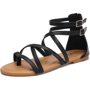 katliu Women’s Gladiator Sandals, Strappy Flat Sandals, Dressy Boho Thong Sandals(Black)