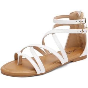 katliu Women’s Gladiator Sandals, Strappy Flat Sandals, Dressy Boho Thong Sandals(White)
