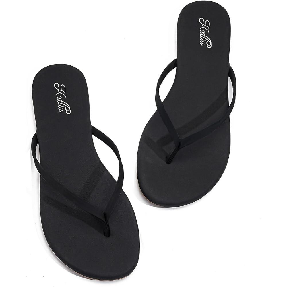 image:imagekatliu Womens Memory Foam Flip Flops Sandals Beach Flat Sandals Comfortable Cushioned Thong SandalsBlack
