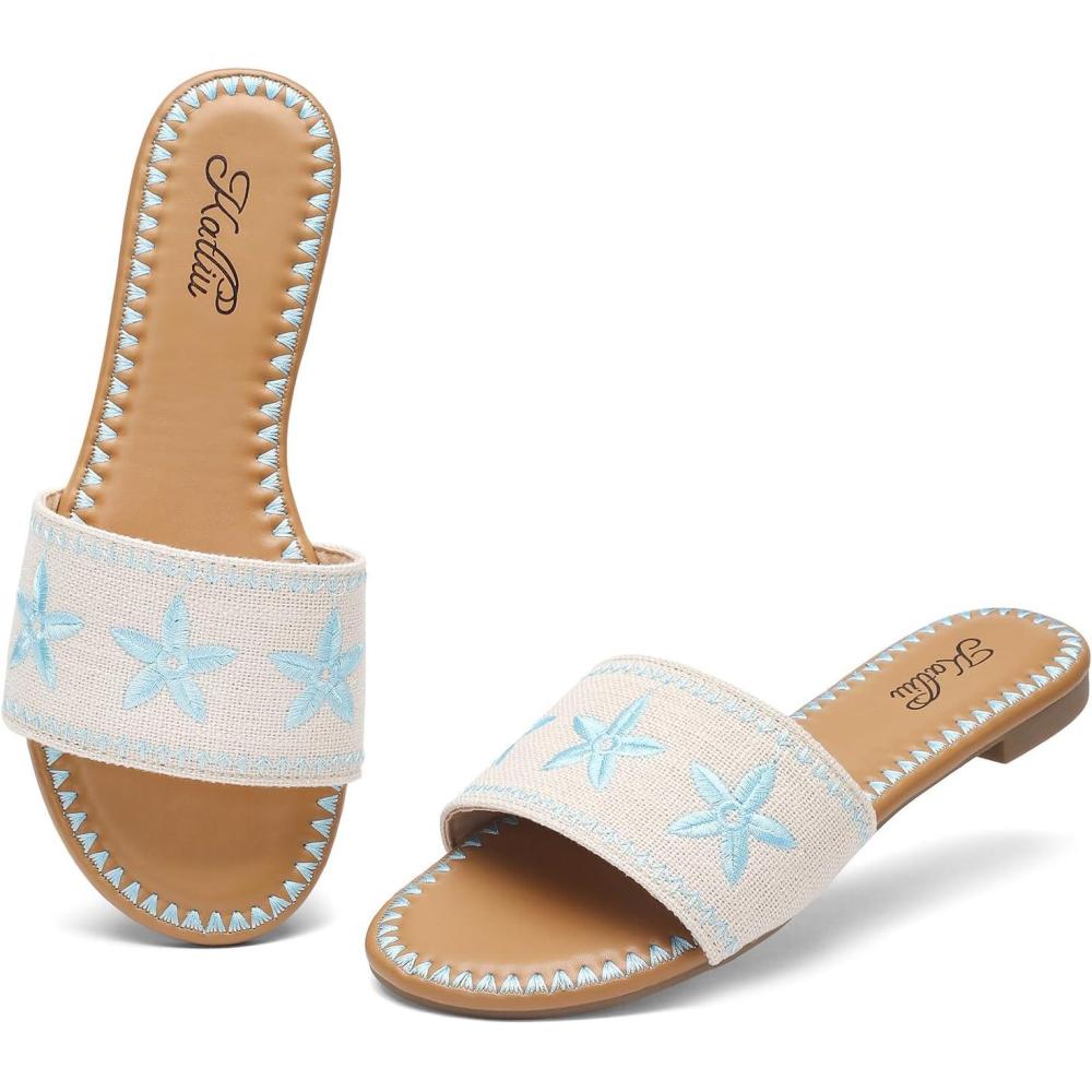 image:imagekatliu Womens Flat Sandals Seashell Starfish Sandals Boho Embroidery Floral Slide Sandals Summer Beach FlatsBlue