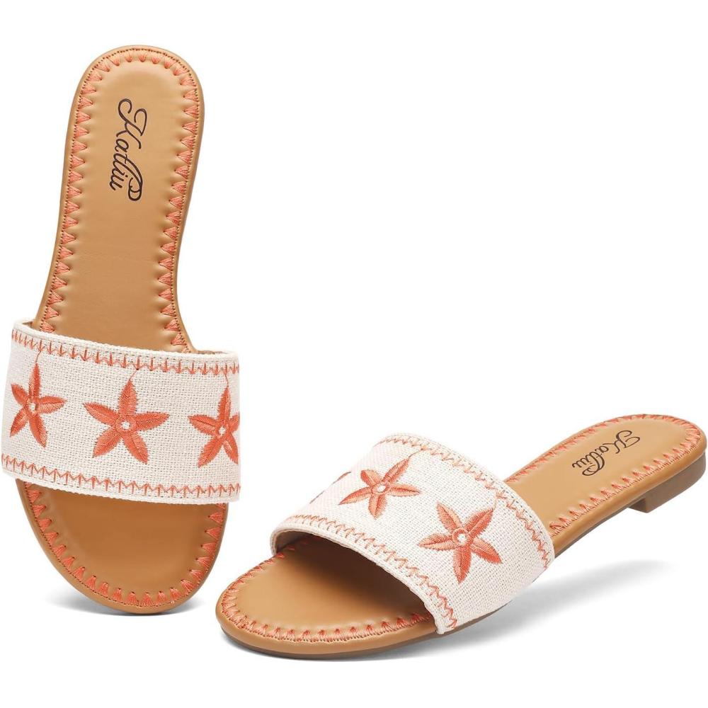 image:imagekatliu Womens Flat Sandals Seashell Starfish Sandals Boho Embroidery Floral Slide Sandals Summer Beach FlatsOrange