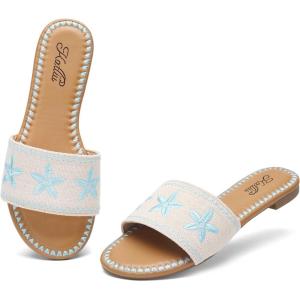 katliu Women’s Flat Sandals, Seashell Starfish Sandals, Boho Embroidery Floral Slide Sandals, Summer Beach Flats(Blue)