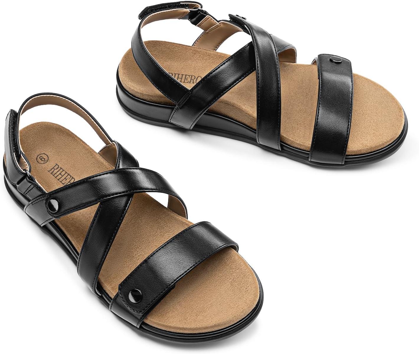 image:imageRihero Womens Comfortable Orthopedic Arch Support Sandals Summer Casual Open Toe Walking Flat Sandals with Adjustable StrapBlack