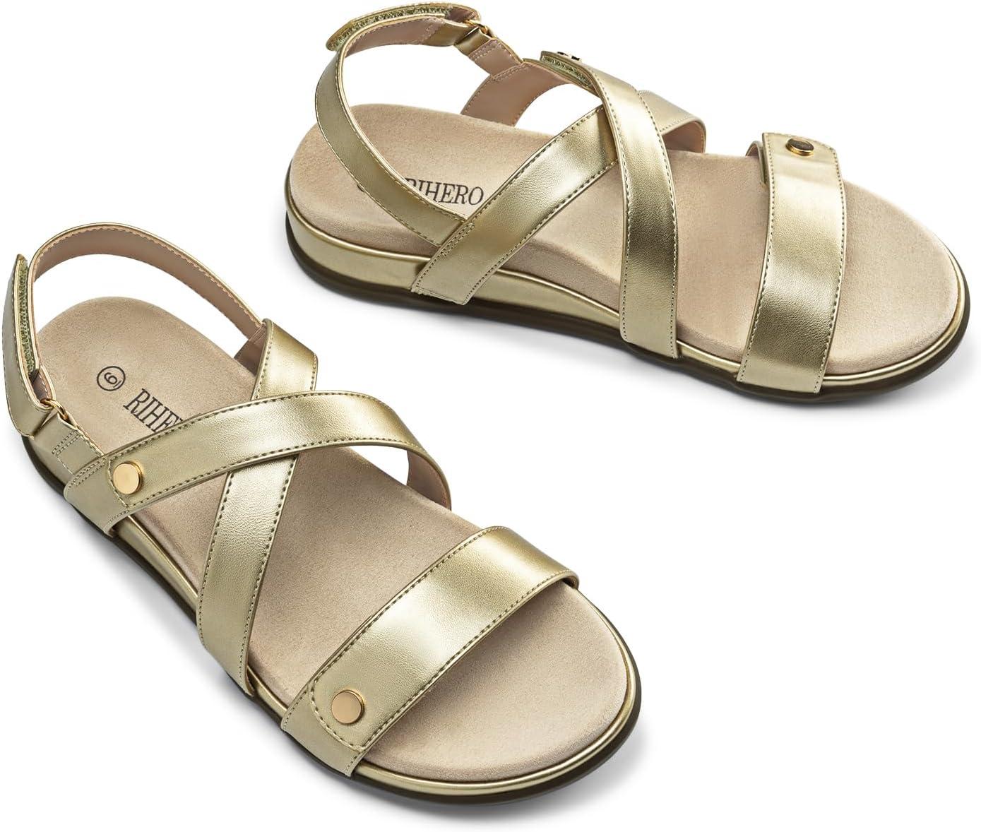 image:imageRihero Womens Comfortable Orthopedic Arch Support Sandals Summer Casual Open Toe Walking Flat Sandals with Adjustable StrapGold