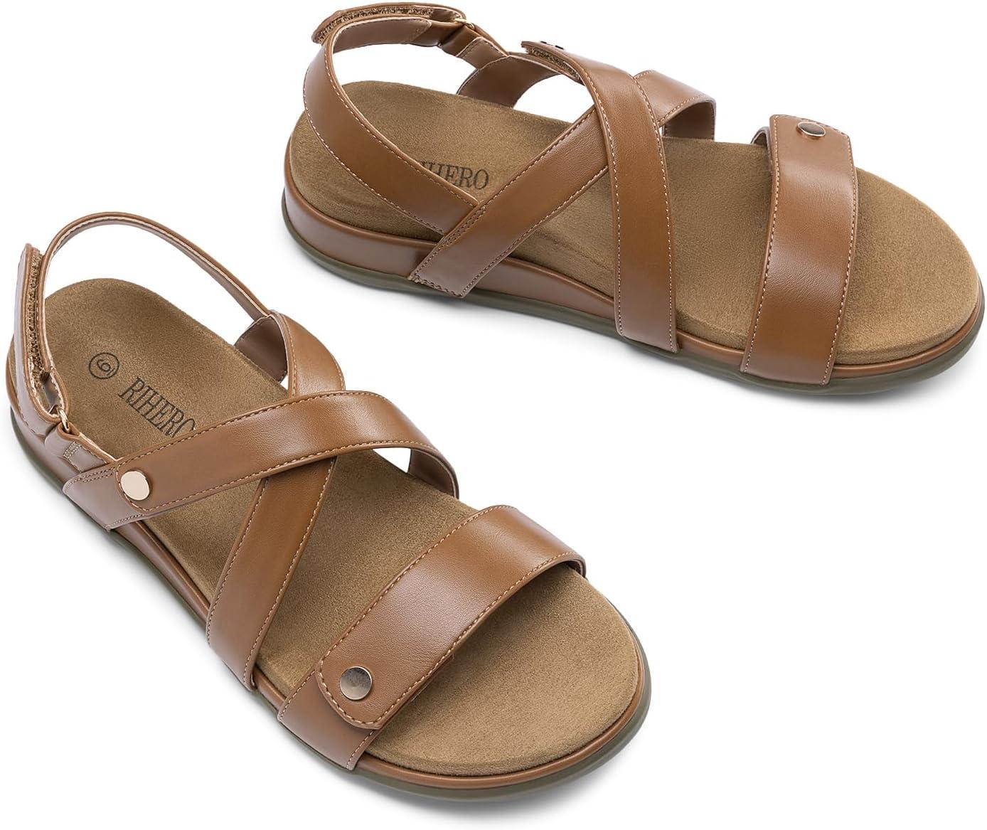 image:imageRihero Womens Comfortable Orthopedic Arch Support Sandals Summer Casual Open Toe Walking Flat Sandals with Adjustable StrapTan