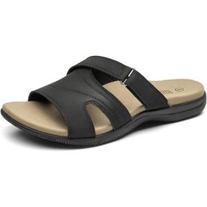 Rihero Women’s Orthopedic Slide Sandals with Arch Support Orthotic Comfortable Adjustable Flat Sandals for Daily Work Walking(Black)